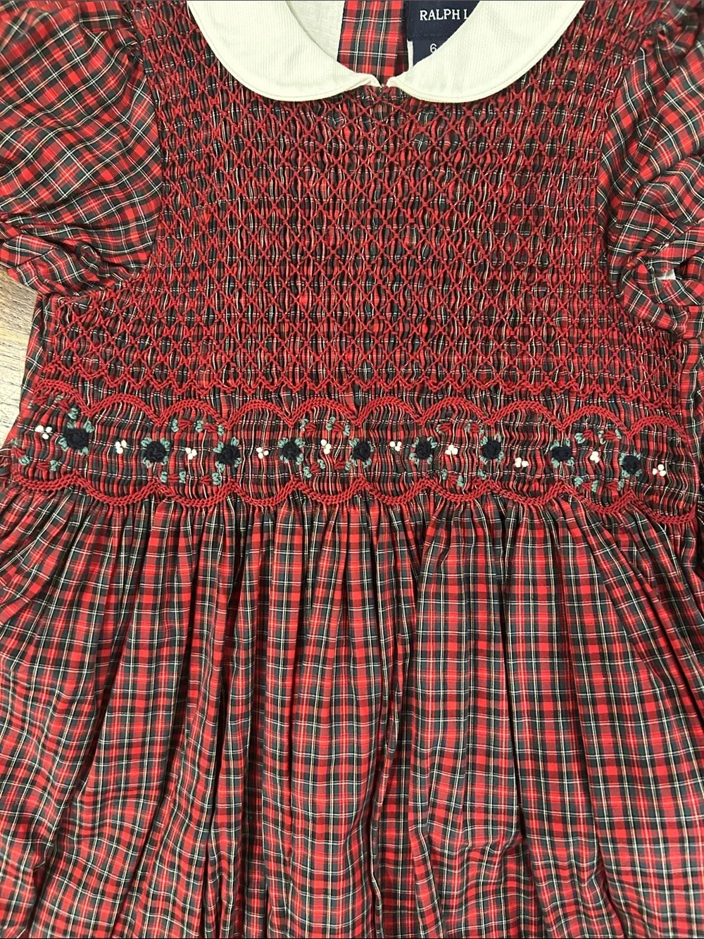 Ralph Lauren Red Plaid Smocked Dress with White Collar